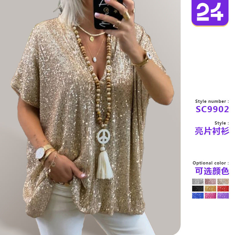 Sequined V-Neck Relaxed Tee
