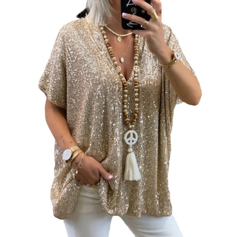Sequined V-Neck Relaxed Tee