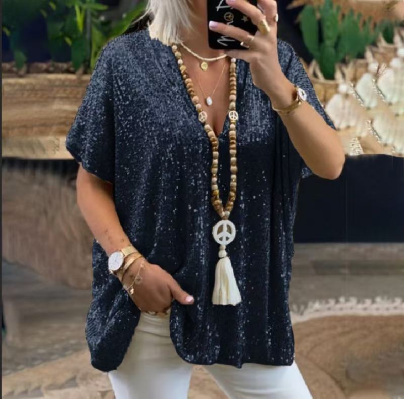 Sequined V-Neck Relaxed Tee