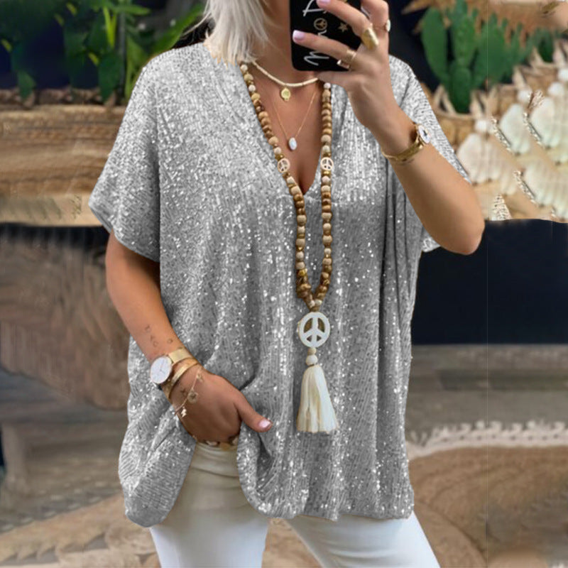 Sequined V-Neck Relaxed Tee
