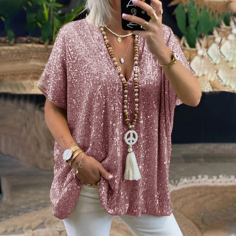Sequined V-Neck Relaxed Tee