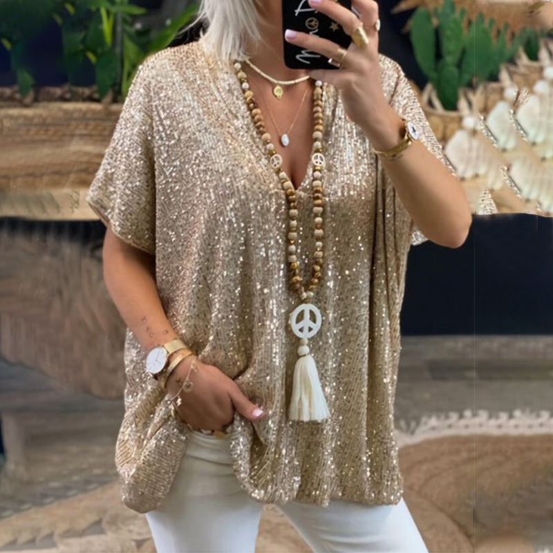 Sequined V-Neck Relaxed Tee