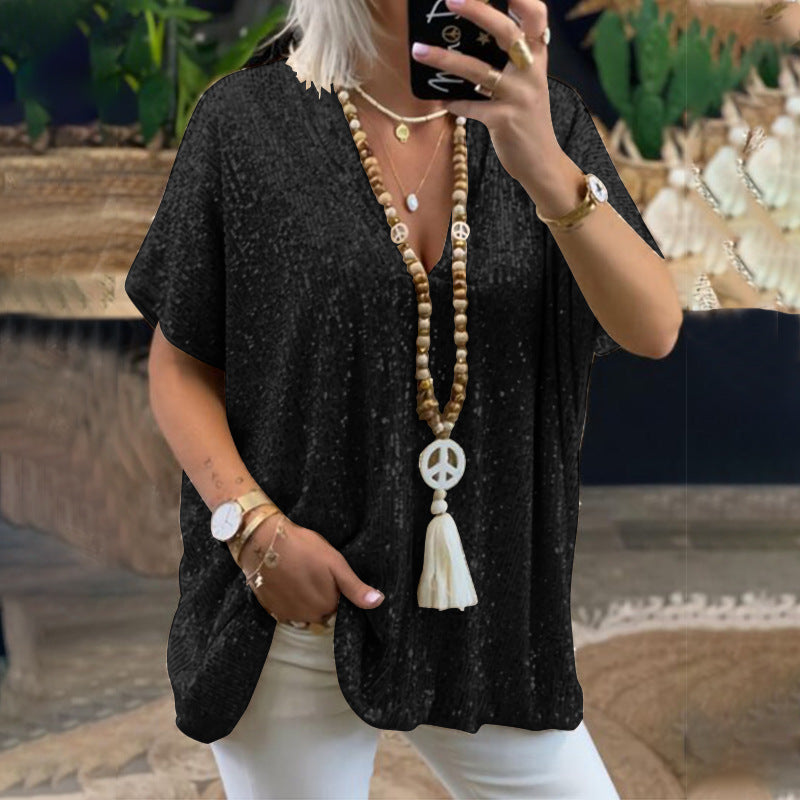 Sequined V-Neck Relaxed Tee