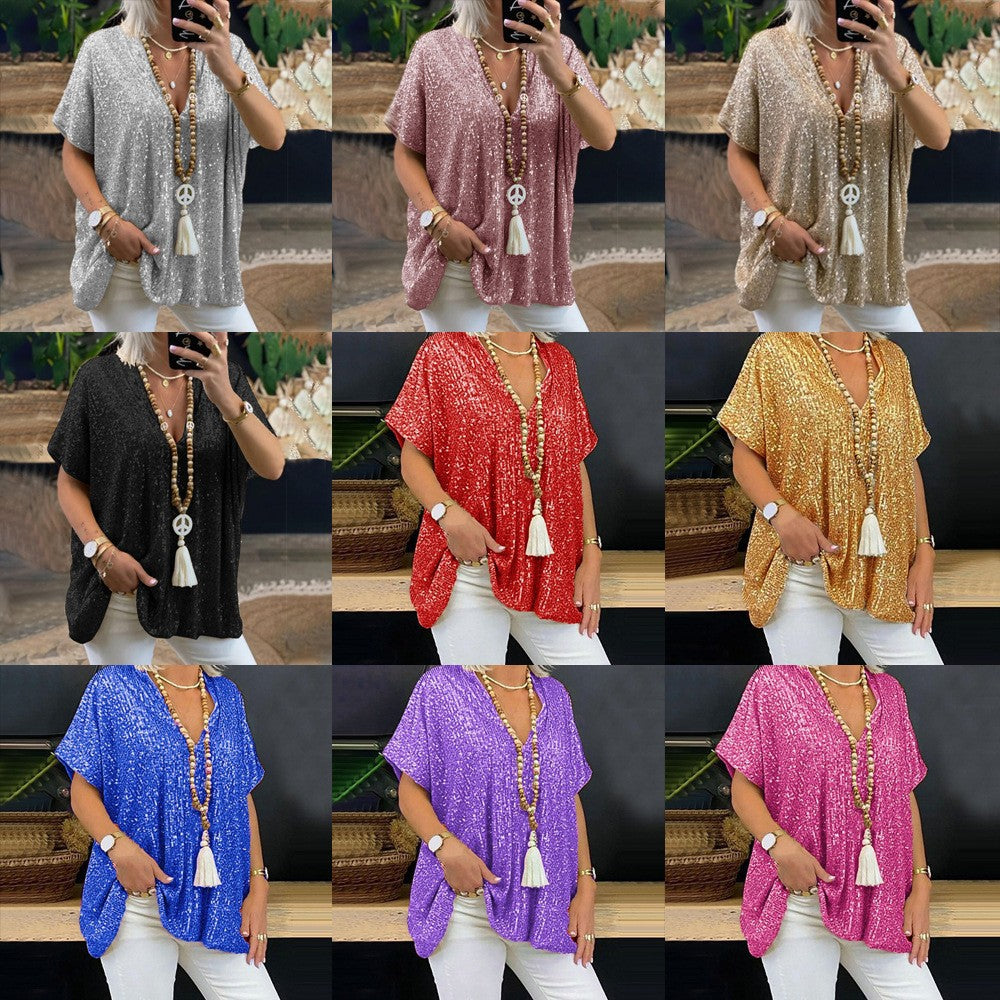 Sequined V-Neck Relaxed Tee