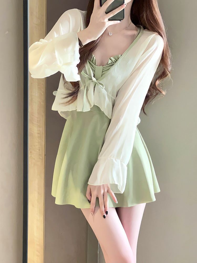 Avocado Green Skirted Swimsuit