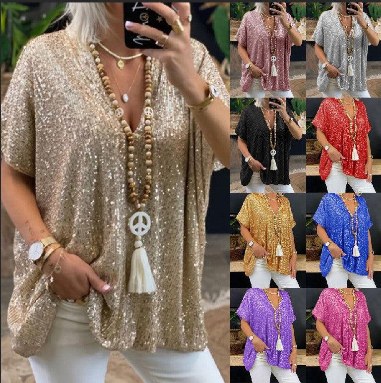 Sequined V-Neck Relaxed Tee