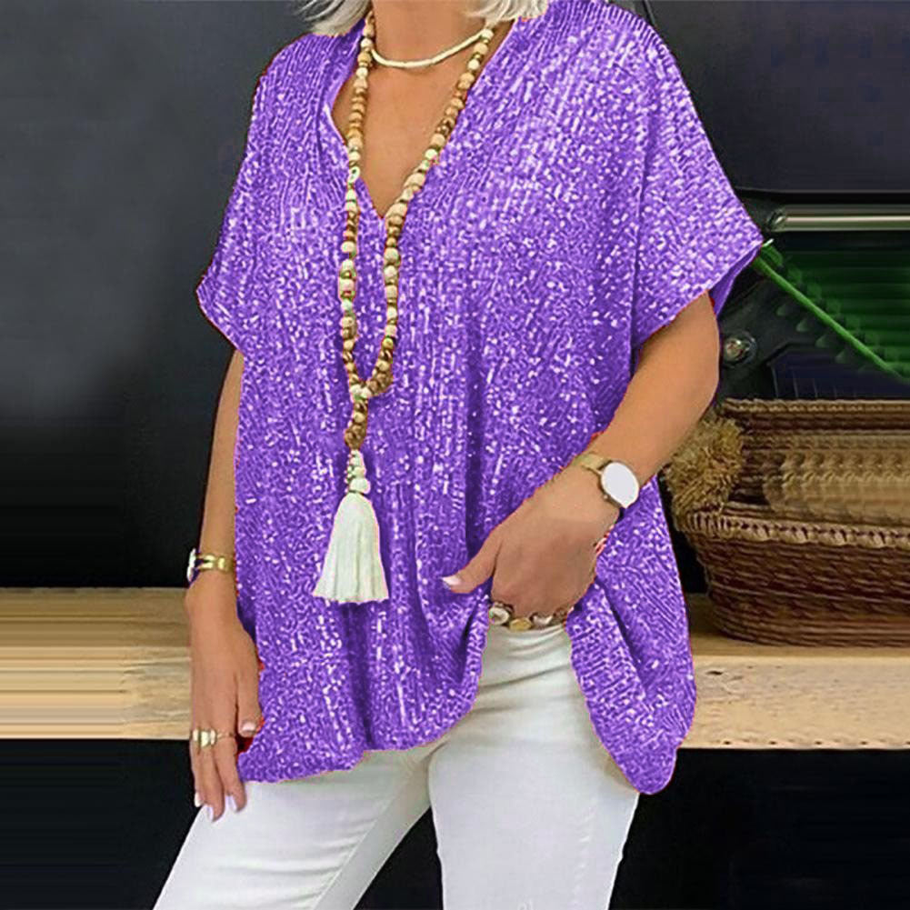 Sequined V-Neck Relaxed Tee